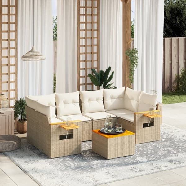 Matgrupp för trädgården med dynor 7 delar beige konstrotting