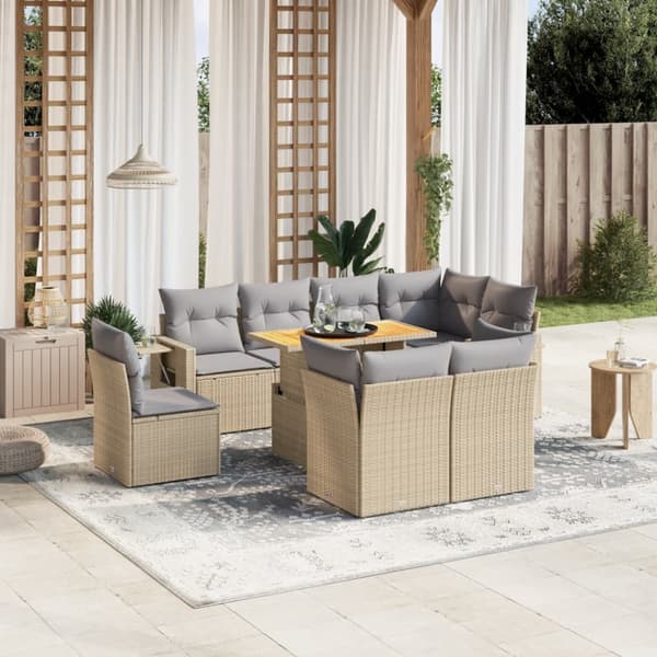 Soffgrupp för trädgården med dynor 9 delar beige konstrotting