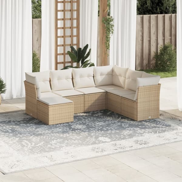 Matgrupp för trädgården med dynor 7 delar beige konstrotting