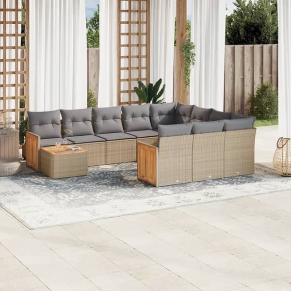Loungegrupp för trädgården m. dynor 11 delar beige konstrotting