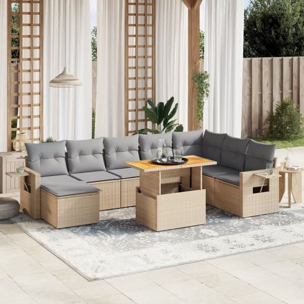 Soffgrupp för trädgården med dynor 9 delar beige konstrotting