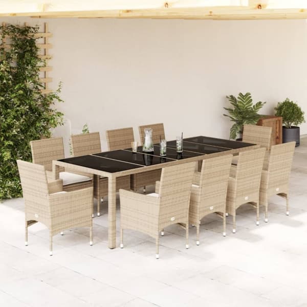 Matgrupp för trädgård med dynor 11delar beige konstrotting&glas