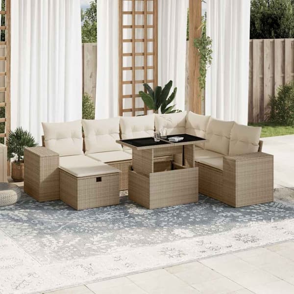 Matgrupp för trädgården med dynor 8 delar beige konstrotting