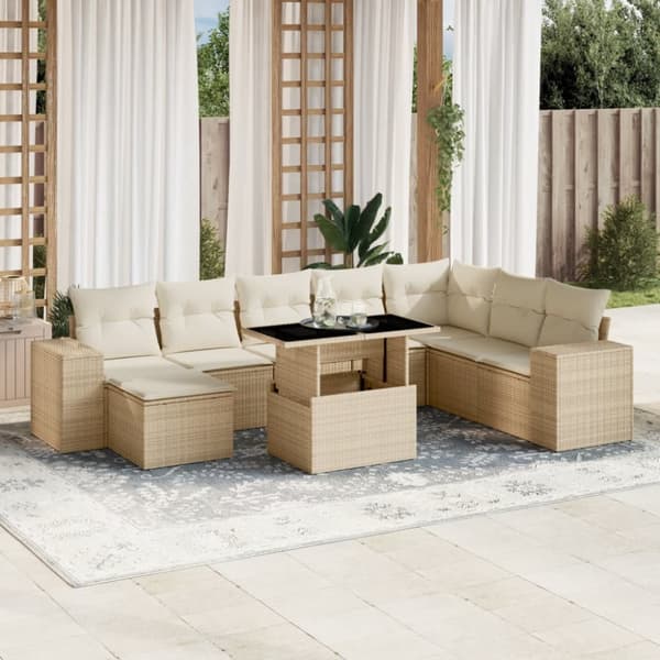 Soffgrupp för trädgården med dynor 9 delar beige konstrotting