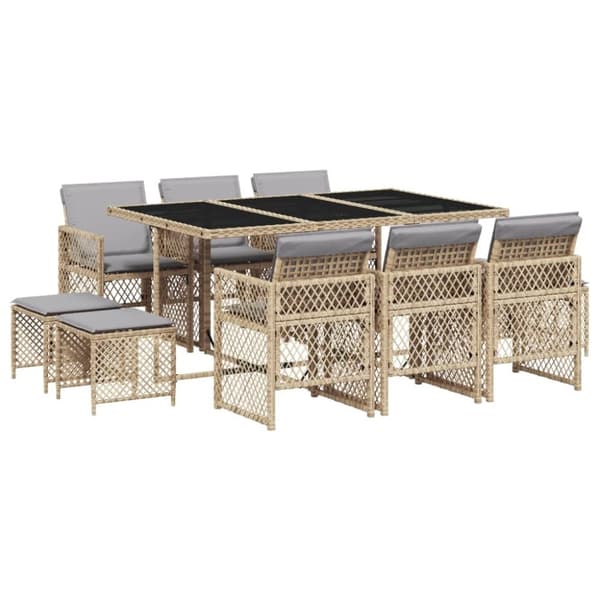 Matgrupp för trädgården med dynor 11 delar beige konstrotting