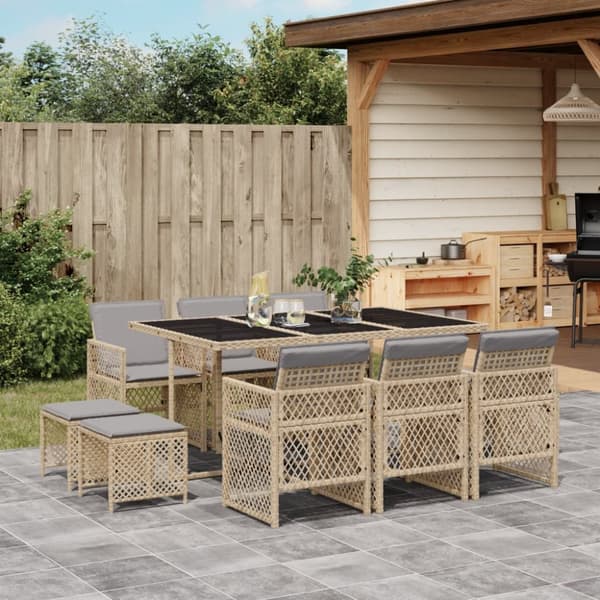 Matgrupp för trädgården med dynor 11 delar beige konstrotting
