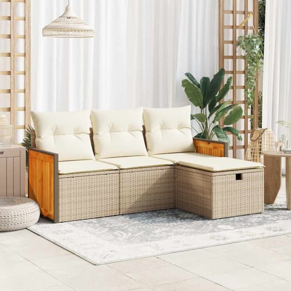 Soffgrupp för trädgård med dynor 4 delar beige konstrotting