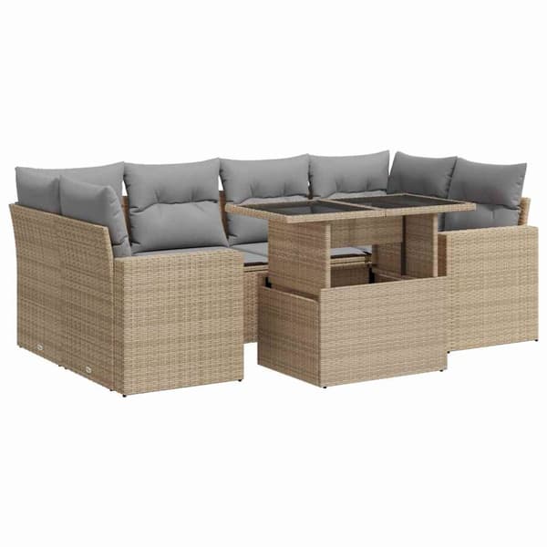 Matgrupp för trädgården med dynor 7 delar beige konstrotting