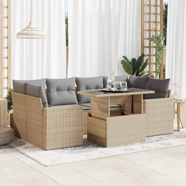 Matgrupp för trädgården med dynor 7 delar beige konstrotting