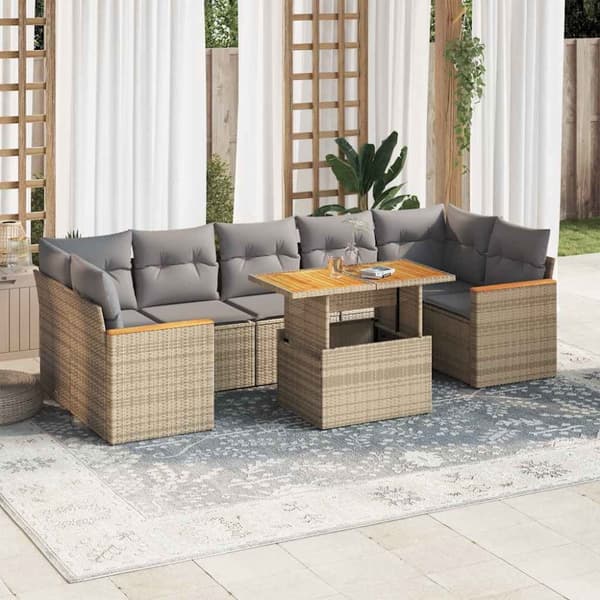 Trädgårdssoffset med dynor 7 delar beige konstrotting akaciaträ