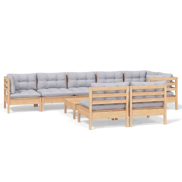 Loungegrupp med dynor 9 delar grå furu