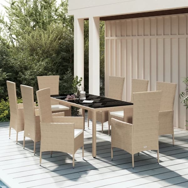 Matgrupp för trädgården med dynor 9 delar beige konstrotting
