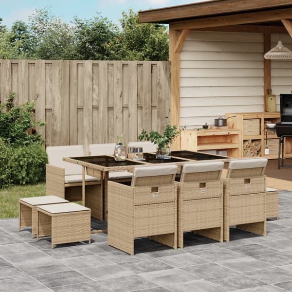 Matgrupp för trädgården med dynor 11 delar beige konstrotting