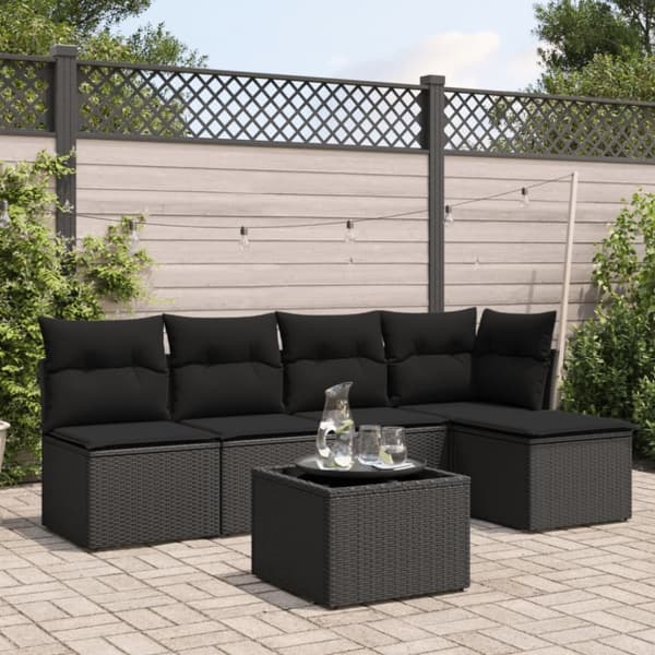 Loungegrupp med dynor 6 delar svart konstrotting