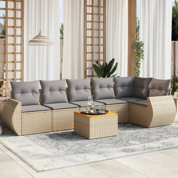 Matgrupp för trädgården med dynor 7 delar beige konstrotting