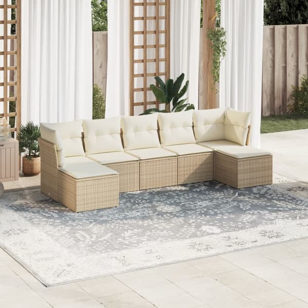 Matgrupp för trädgården med dynor 7 delar beige konstrotting