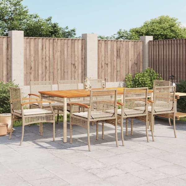Matgrupp för trädgården med dynor 9 delar beige konstrotting