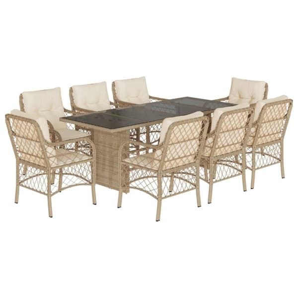 Matgrupp för trädgården med dynor 9 delar beige konstrotting