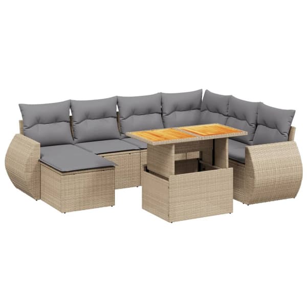 Matgrupp för trädgården med dynor 8 delar beige konstrotting