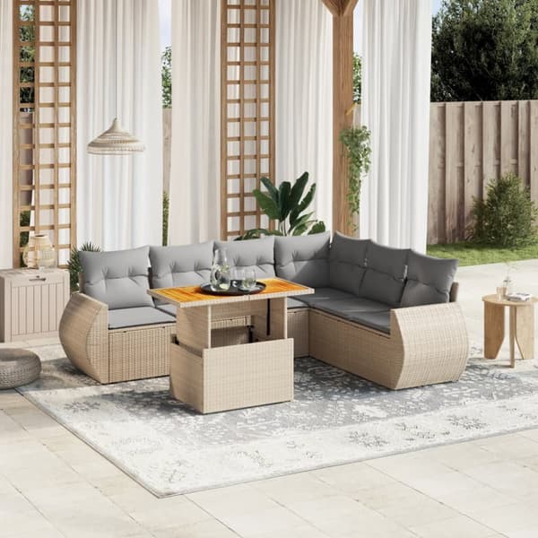 Matgrupp för trädgården med dynor 8 delar beige konstrotting