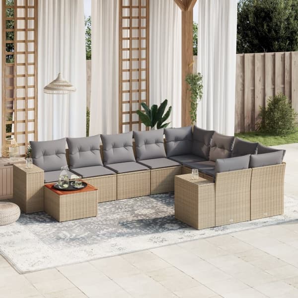 Soffgrupp för trädgård med dynor 10 delar beige konstrotting