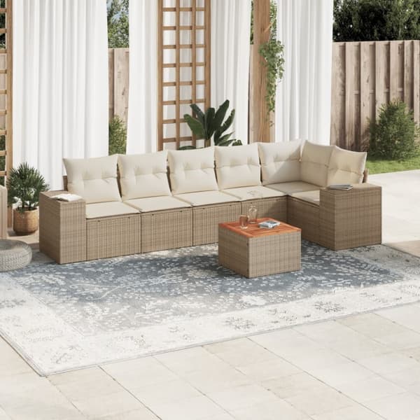 Matgrupp för trädgården med dynor 7 delar beige konstrotting