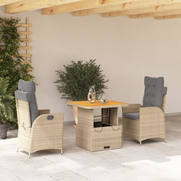 Matgrupp för trädgården 3 delar med dynor beige konstrotting