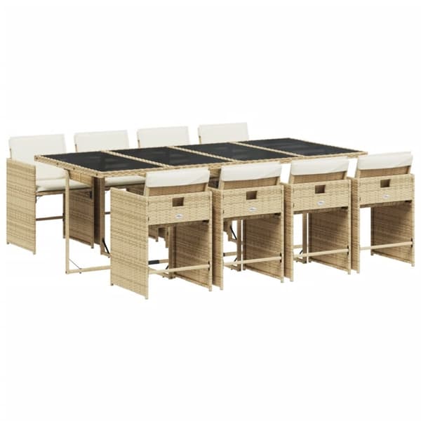 Matgrupp för trädgården med dynor 9 delar beige konstrotting