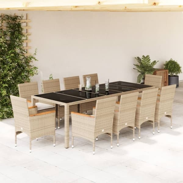 Matgrupp för trädgård med dynor 11delar beige konstrotting&glas