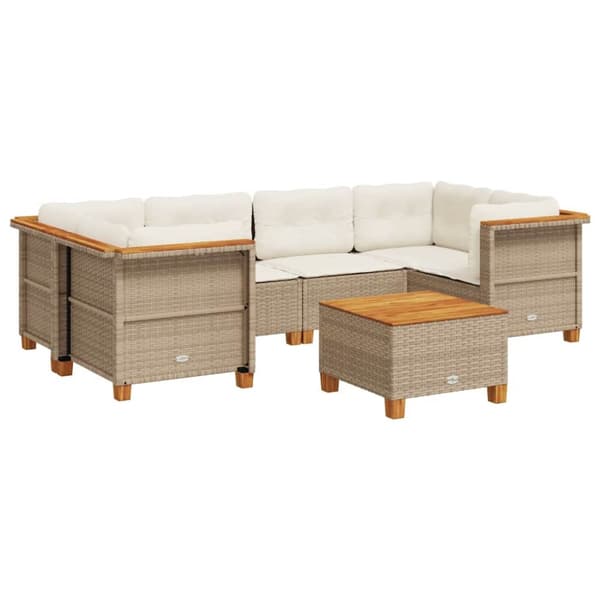 Matgrupp för trädgården med dynor 7 delar beige konstrotting