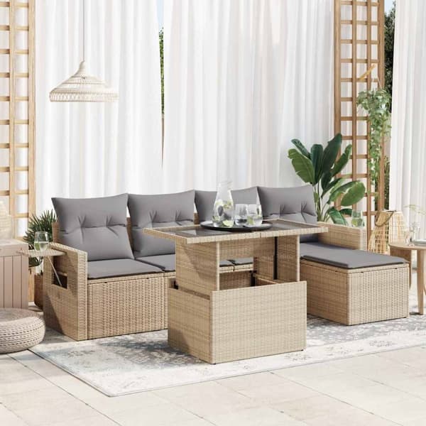 Soffgrupp för trädgården med dynor 6 delar beige konstrotting