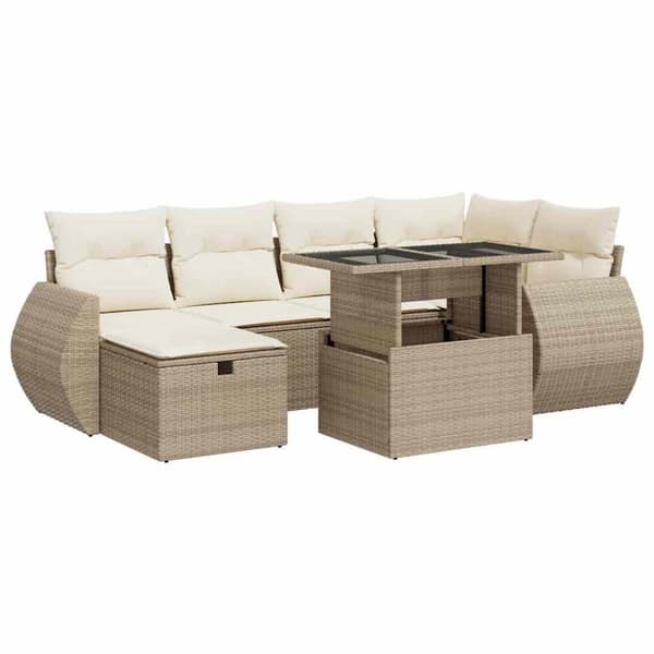 Matgrupp för trädgården med dynor 7 delar beige konstrotting