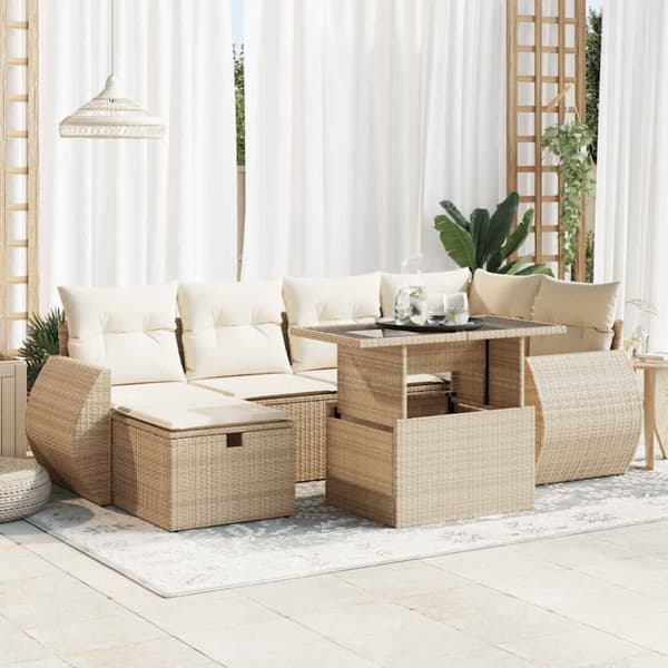 Matgrupp för trädgården med dynor 7 delar beige konstrotting