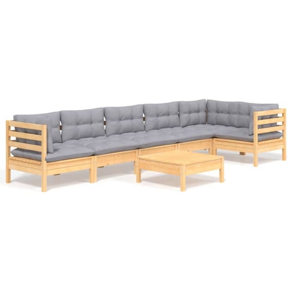 Loungegrupp med grå dynor 7 delar massiv furu