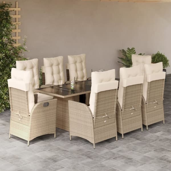 Matgrupp för trädgården med dynor 9 delar beige konstrotting