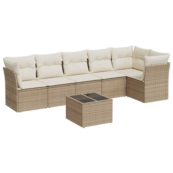 Matgrupp för trädgården med dynor 7 delar beige konstrotting