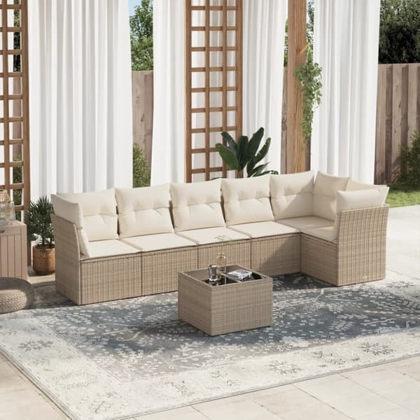 Matgrupp för trädgården med dynor 7 delar beige konstrotting