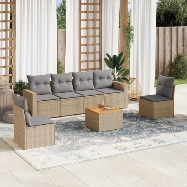 Matgrupp för trädgården med dynor 7 delar beige konstrotting