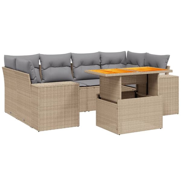 Matgrupp för trädgården med dynor 7 delar beige konstrotting