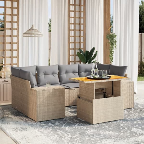 Matgrupp för trädgården med dynor 7 delar beige konstrotting