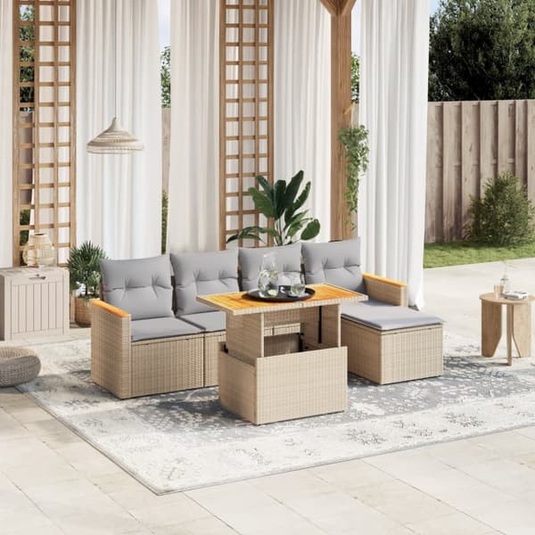 Soffgrupp för trädgården med dynor 6 delar beige konstrotting