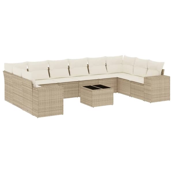 Loungegrupp för trädgården m. dynor 11 delar beige konstrotting