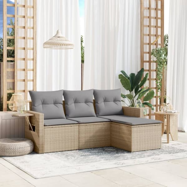 Soffgrupp för trädgård med dynor 4 delar beige konstrotting