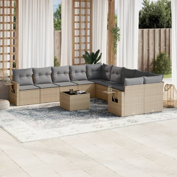 Loungegrupp för trädgården m. dynor 11 delar beige konstrotting