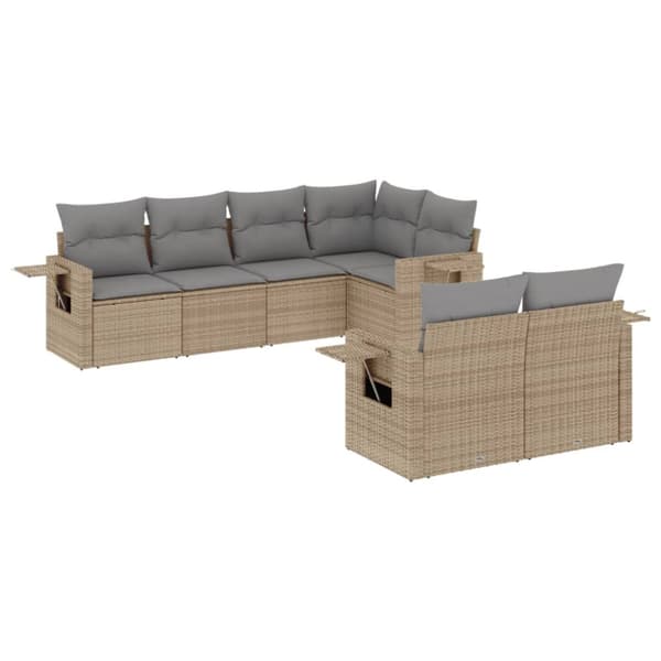 Matgrupp för trädgården med dynor 7 delar beige konstrotting