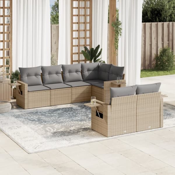 Matgrupp för trädgården med dynor 7 delar beige konstrotting