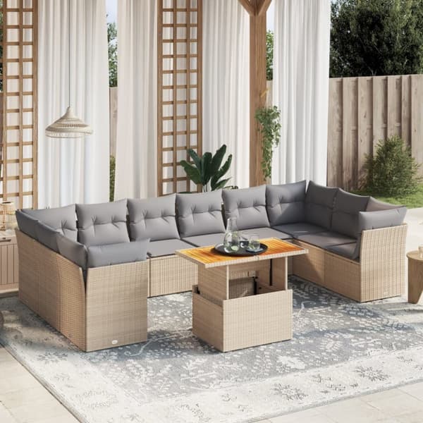 Loungegrupp för trädgården m. dynor 11 delar beige konstrotting