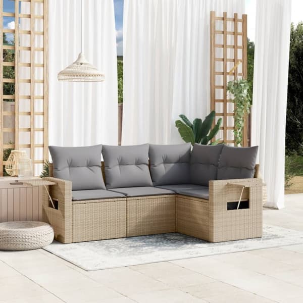 Soffgrupp för trädgård med dynor 4 delar beige konstrotting