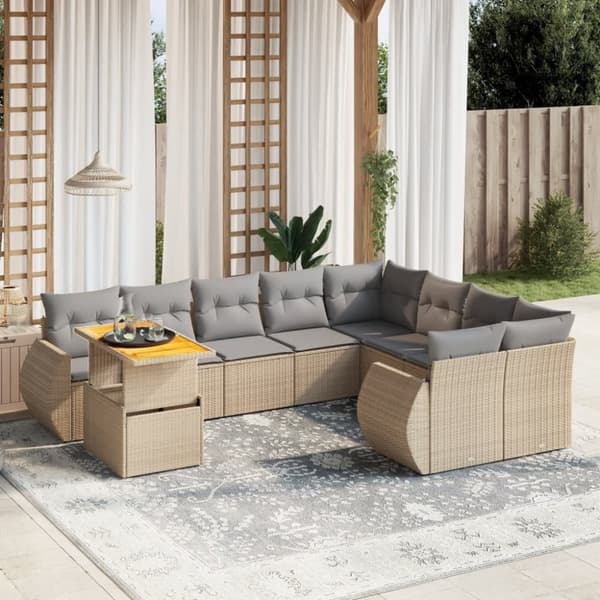 Soffgrupp för trädgård med dynor 10 delar beige konstrotting