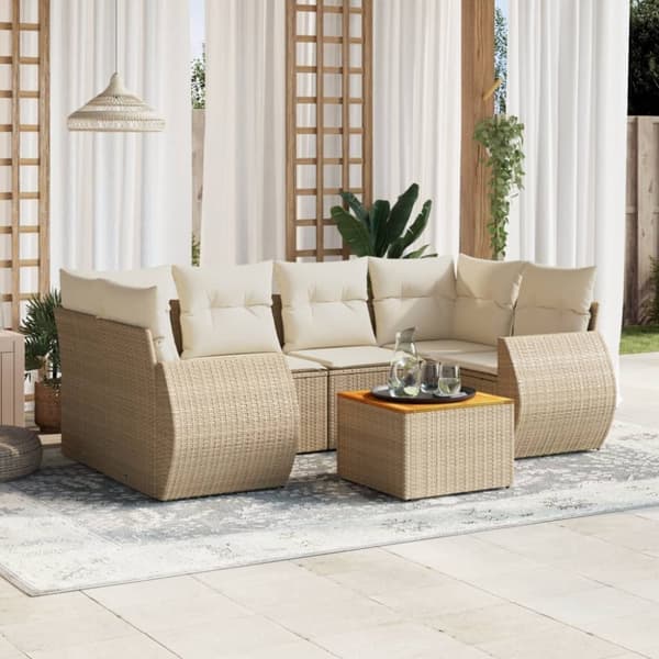 Matgrupp för trädgården med dynor 7 delar beige konstrotting